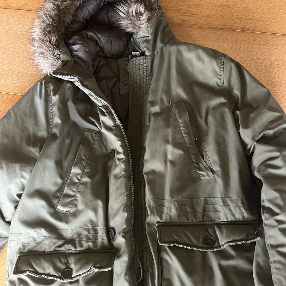 H&M Olive Military Jacket with Fur Hood